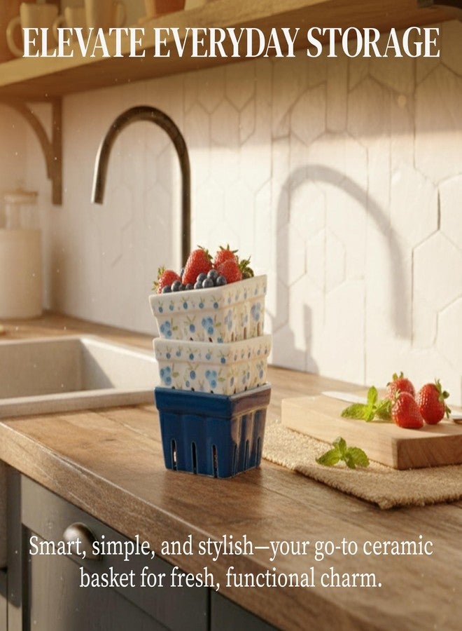 BIEN BEAU Ceramic Berry Basket, Farmhouse Colander, Farmers Market square Bowl. Rustic Kitchen decor fruit bowls, Fruit Baskets, Bleu White and Blueberry pattern Stoneware Harvest Bowls Set of 4 - Image 2
